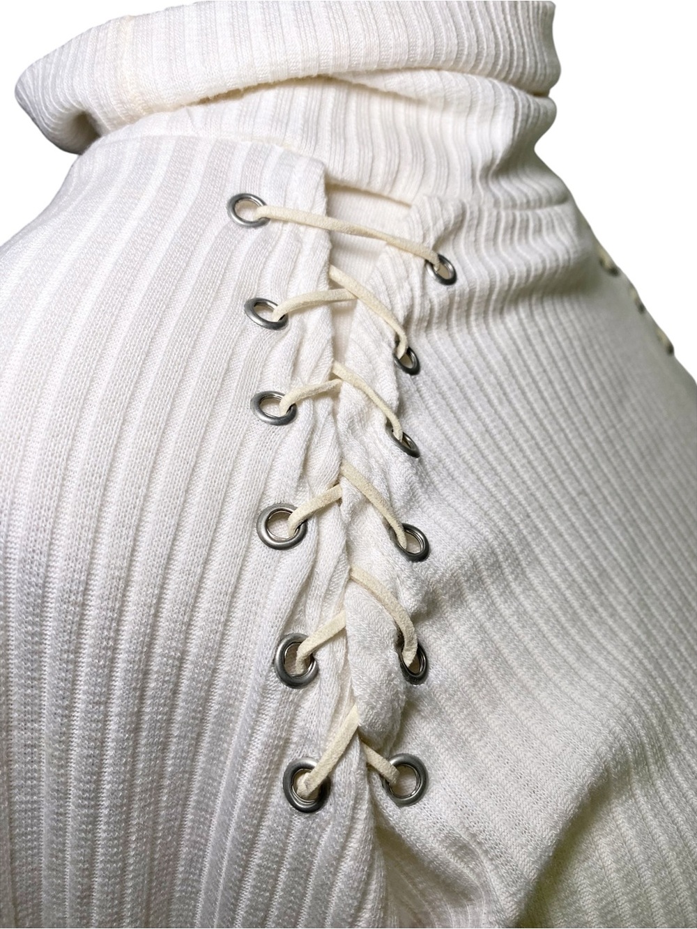 Poof Cream Ribbed Lace-Up Shoulder Turtleneck Size Small - Picture 6 of 15